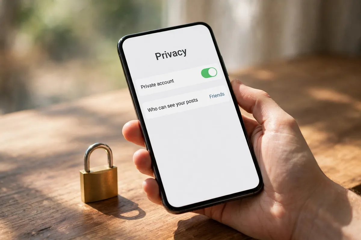 A hand holding a smartphone showing privacy settings with Private account switched on and Who can see your posts set to Friends, beside a small brass padlock on a sunlit wooden desk.