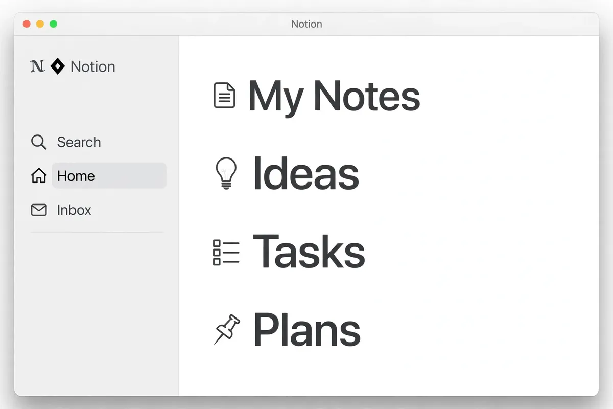 A Notion workspace recreation with a sidebar for Search, Home and Inbox and a My Notes page listing Ideas, Tasks and Plans.