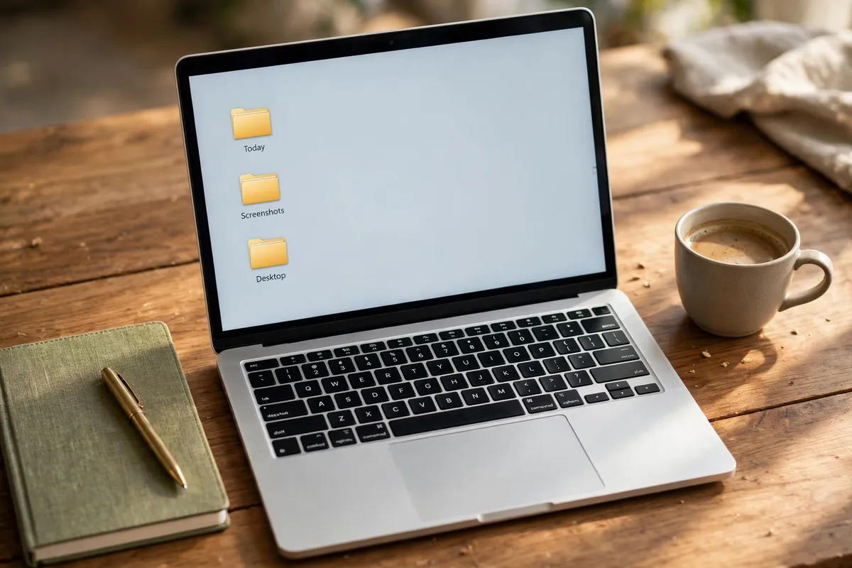 A laptop on a sunny wooden desk showing a clean desktop with folders labeled Today, Screenshots and Desktop, beside a notebook and a cup of coffee.