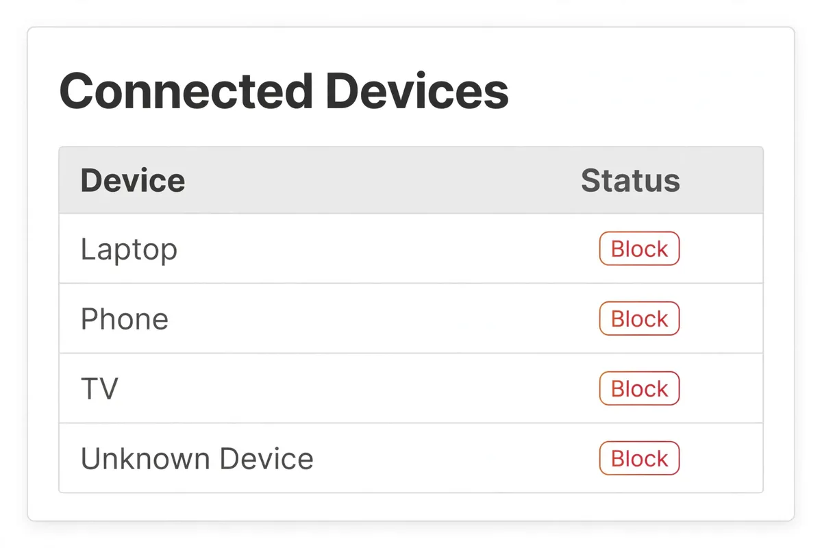 A router admin page listing connected devices — Laptop, Phone, TV, and an Unknown Device — each with a Block button.