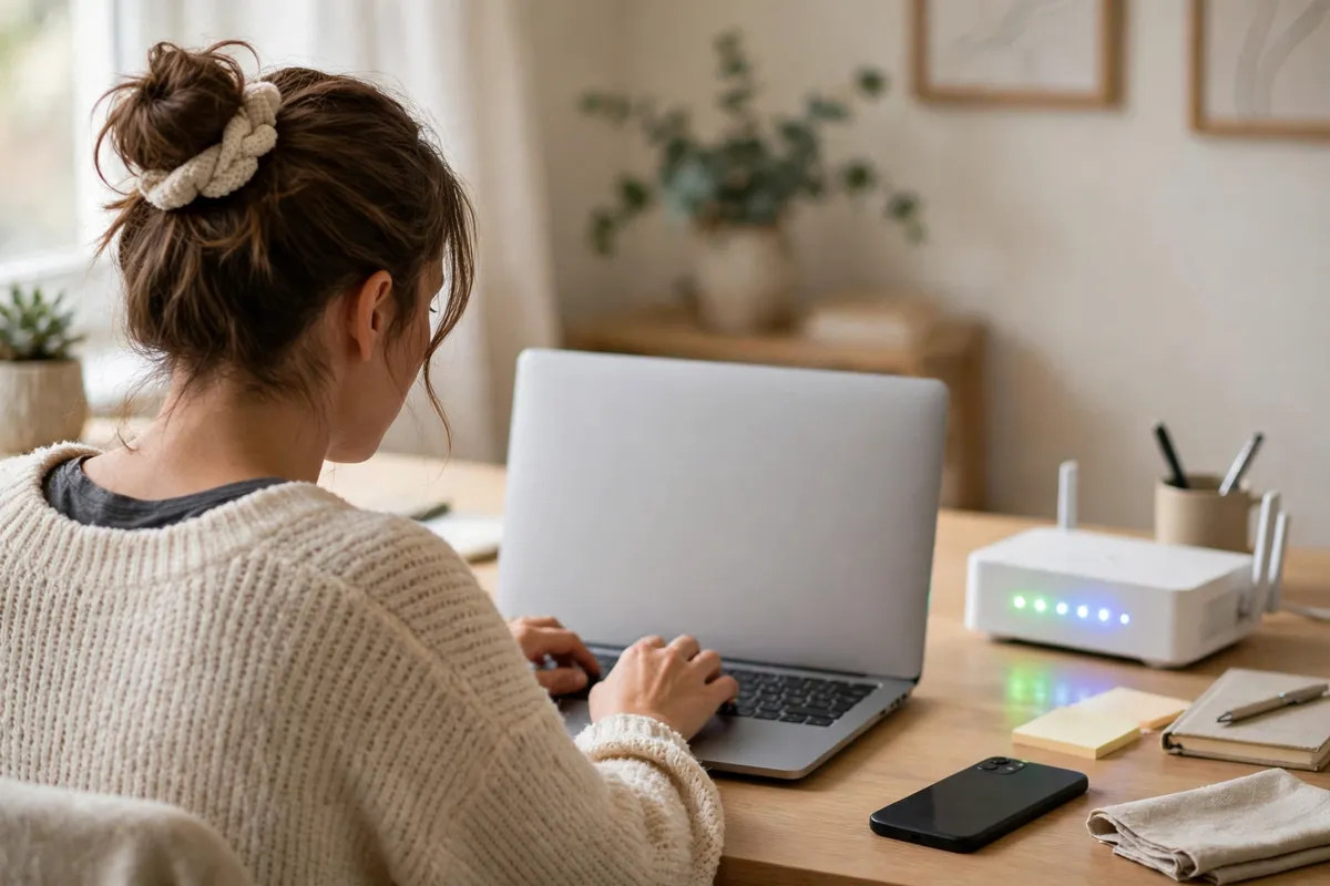 A person seen from behind at a tidy home desk typing on a laptop, with a white router with glowing status lights beside the laptop.