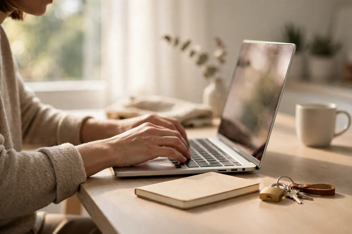 A person typing on a laptop at a bright desk, with a closed notebook and a small padlock keychain beside it.