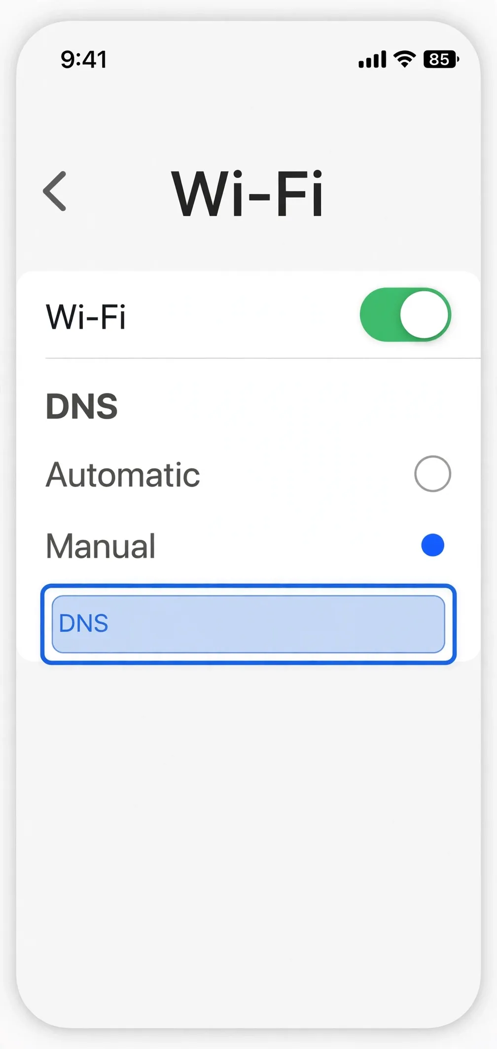 A phone showing the Wi-Fi settings screen with DNS set to Manual instead of Automatic.